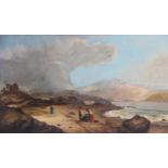 English school (19th century), A coastal scene with figures and a wrecked rowing boat, Oil on