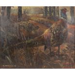 B. Pennington (English school, 20th century), Cock and hen pheasants in a woodland landscape, Oil on
