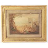 A 19th century picture clock, the watercolour on paper depicting figures in a rural landscape with a