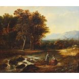 English School (19th century), A lady and gentleman in conversation beside a stream with woodland