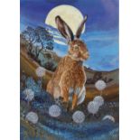 Rose woodland (contemporary British), "Evening Hare", Acrylic on canvas, Initialled lower right,