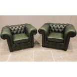 A pair of green leather Chesterfield type tub chairs, late 20th century, each of typical deep set