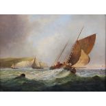 English School (19th century), Sailing barges at sea around the white cliffs of Dover, Oil on board,