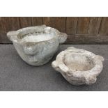 A 19th century weathered marble mortar, of typical circular form with four lugs, 23cm H x 37cm D,