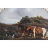English school (19th century), A highland scene with ponies, dogs and seated gillie smoking a