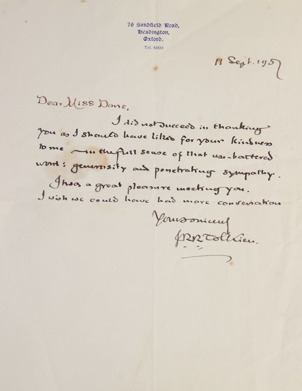 J.R.R. TOLKIEN INTEREST: A hand-written letter by J.R.R. Tolkien (1892-1973) on headed paper for - Image 2 of 6