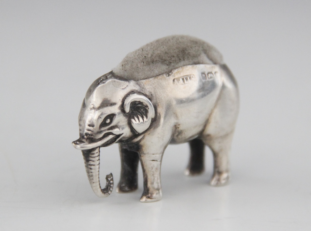 A silver novelty elephant pin cushion, Adie & Lovekin Ltd, Birmingham (date letter worn), 4.3cm - Image 2 of 2