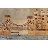 A Welsh Folk Art straw-work and watercolour picture of Conway Bridge and Castle, 19th century,