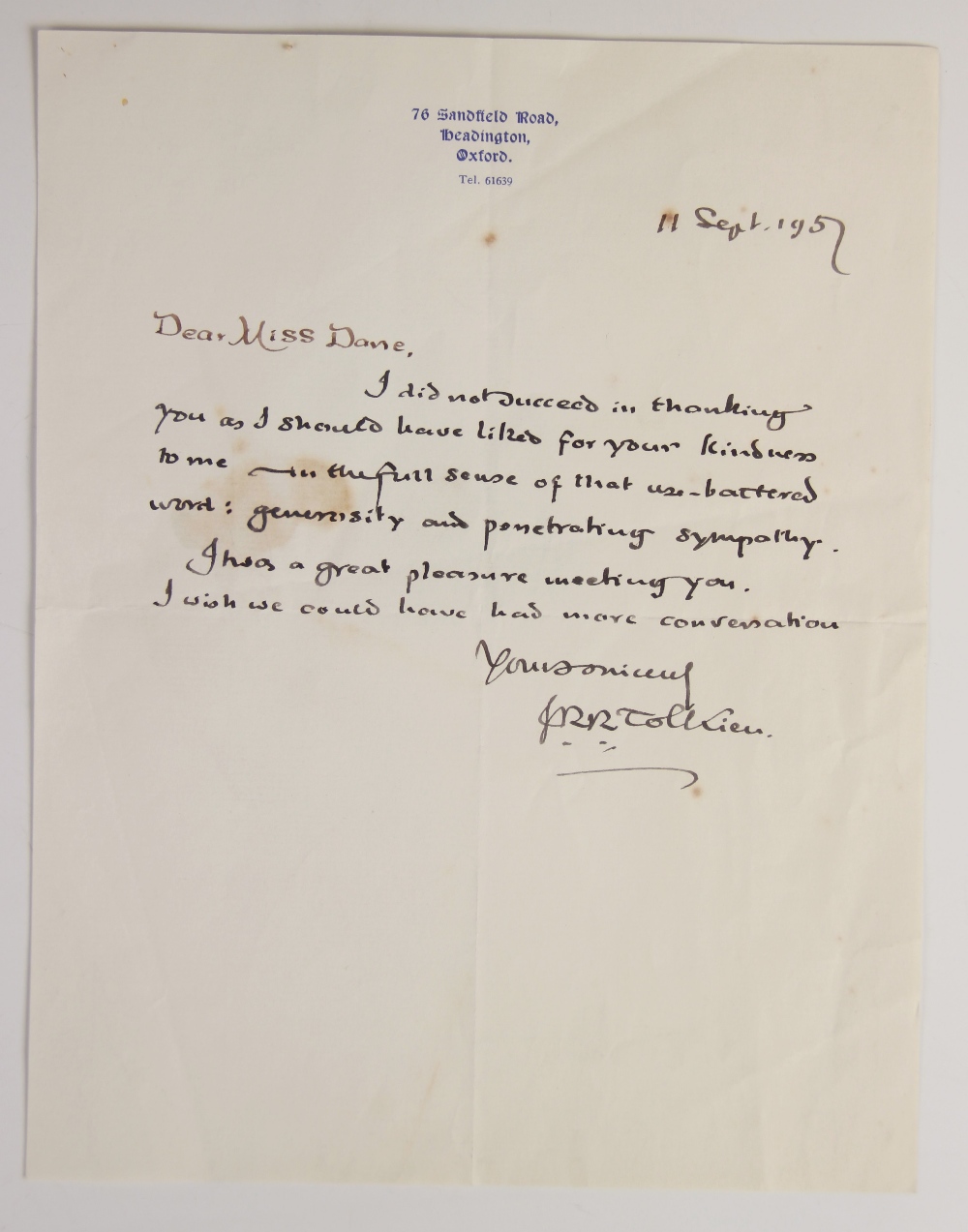 J.R.R. TOLKIEN INTEREST: A hand-written letter by J.R.R. Tolkien (1892-1973) on headed paper for