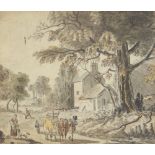 English School (19th century), A bullock cart on a country lane with cottage beyond, Watercolour