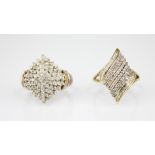 A diamond set 9ct gold cluster ring, the rhombus-shaped tiered cluster set with mixed cut