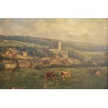 English school (early 20th century), Cattle grazing in a field above a country church and village,