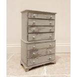 A painted pine apprentice piece or specimen chest, 20th century, formed as a chest on chest, with