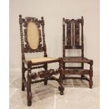 A William and Mary oak side chair, the scrolling foliate open work top rail raised upon vertical