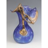 An Art Nouveau bronze mounted mottled blue glass vase, late 19th or early 20th century, the baluster