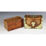 A 19th century figured walnut tea caddy, of domed form applied with polished brass mounts and