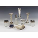 A selection of silver, silver coloured and cut glass dressing table ware, to include a pair of