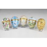 Five Halcyon Days Easter eggs, comprising; 2013, 2006, 2011, 2005, and an undated example, 6cm