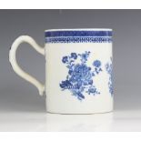 A large Chinese export porcelain blue and white mug, Qianlong (1736-1795), of cylindrical form and