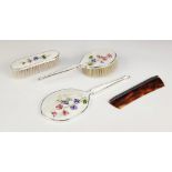 A part silver and enamel dressing table set, Henry Clifford Davis, London 1951-52, comprising; a