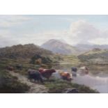 Horace Walter Gilbert (British, 1855-1928), Cattle watering at a lake with mountains beyond, Oil