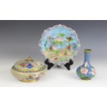 Three pieces of Chinese cloisonne, 20th century, comprising; a circular jar and cover of