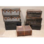 Two vintage Mossman trunks, with removable fitted trays, 80cm wide, a third similar blue trunk, with