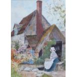 Florence Mackay (British, c.1860-1930), A lady in her cottage garden, Watercolour on paper, Signed