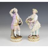 Two Meissen porcelain figures, one modelled as a flower seller on naturalistic circular base with