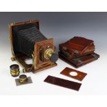A brass mounted mahogany cased field camera, 19th century, plate size 4.5" x 6.25", with four