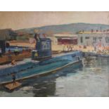 20th century school, Study of a docked submarine bearing number "253", Oil on canvas, Signed or