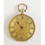 An 18ct continental ladies open face fob watch, the round dial with roman numerals and engraved