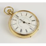 An 18ct gold open faced chronograph pocket watch, signed J. Hargreaves & Co Liverpool, the white