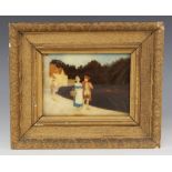 Continental school (19th century), A courting couple strolling through town, Oil on reverse glass,