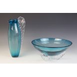A Carin Von Drehle studio glass ewer, the blue body of stretched baluster form with prunted clear