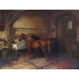 Hungarian School (20th century), Ponies feeding in a stable, Oil on panel, Indistinctly