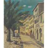 Continental school (20th century), A Mediterranean seafront scene, Oil on canvas, Indistinctly