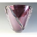 A Jane Charles (contemporary British) studio glass vase, the amethyst body of flattened conical form