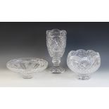 A Waterford Crystal footed bowl, 20th century, with scalloped rim and fluted foot, etched maker's