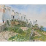 Chris Connell (Scottish, 20th century), A Mediterranean village scene, Watercolour and ink on paper,