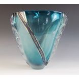 A Jane Charles (contemporary British) studio glass vase, the blue body of flattened conical form