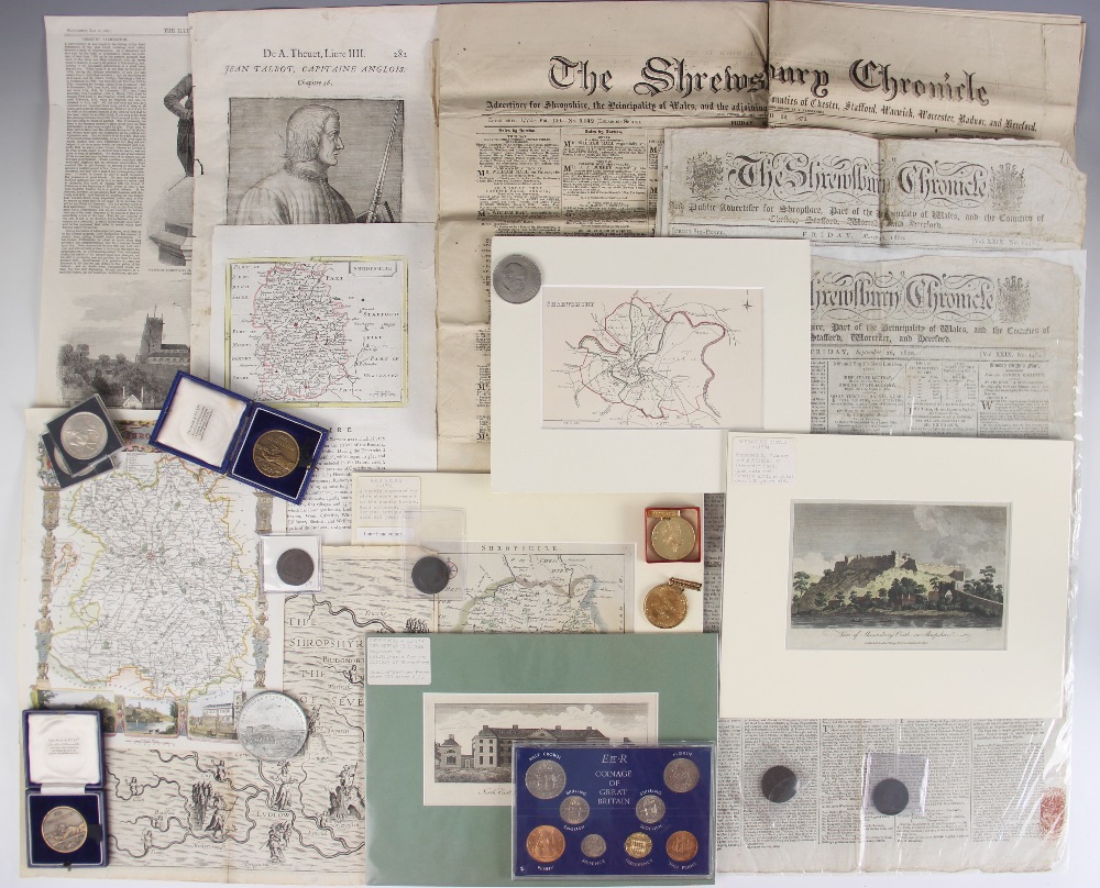 SHROPSHIRE INTEREST: A selection of medals, prints and coins, to include a Shropshire Political - Image 2 of 12