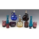 A collection of Victorian and later coloured glassware, to include a blue decanter and stopper, 19cm