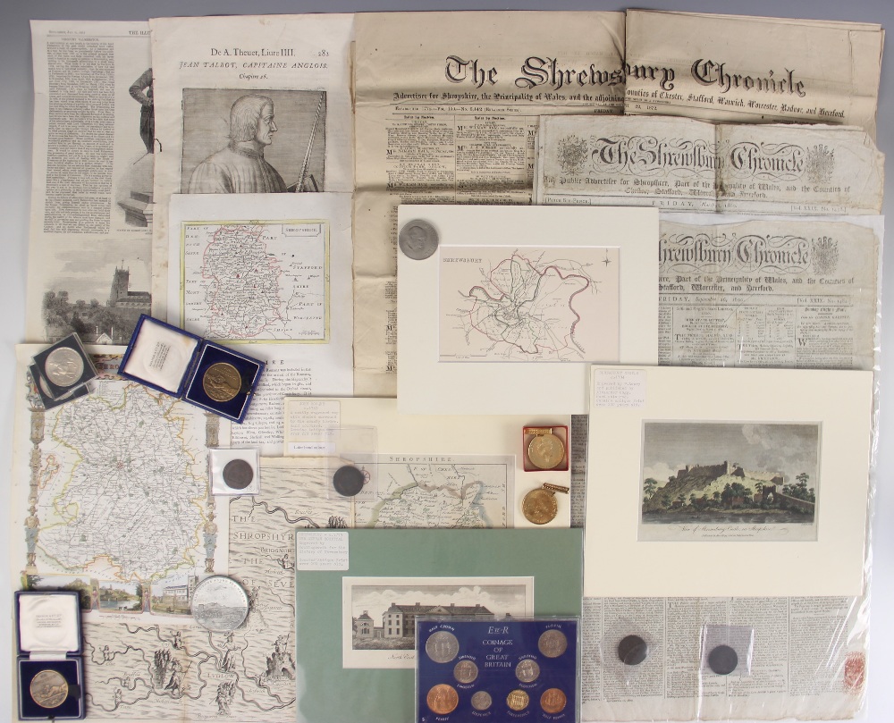 SHROPSHIRE INTEREST: A selection of medals, prints and coins, to include a Shropshire Political