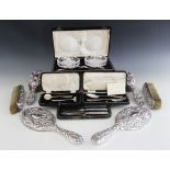 A Victorian silver mounted dressing table set, John Round & Son Ltd, Sheffield 1899, comprising a