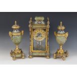 A late 19th/early 20th century French champlevé and green onyx clock garniture, the 11cm gilt
