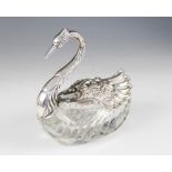 A continental cut glass silver mounted swan salt, import marks for 'ELd', London 1977, the cut glass