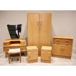 A G-Plan Brandon five piece light oak bedroom suite, mid 20th century, comprising; a pair of bedside