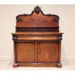 A Victorian mahogany chiffonier sideboard, the shaped raised back with foliate moulded detail, above