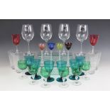 A collection of glassware, to include; four coloured cut glass liqueur glasses, each 14.8cm high,